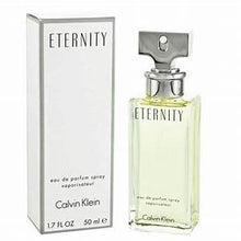 Load image into Gallery viewer, Eternity Perfume by Calvin Klein, Escape into the eternal bliss of the luscious Eternity, a delectable women’s fragrance by Calvin Klein.  Notes:  Top notes of sweet mandarin orange, freesia, sage, and a variety of citrus and green elements introduce the aroma with a powerfully zesty and energetic atmosphere that awakens the senses. Middle notes of marigold, lily-of-the-valley, narcissus, jasmine, rose, violet, carnation, and lily infuse the elixir with a decadent floral bouquet you can’t possibly ignore. 