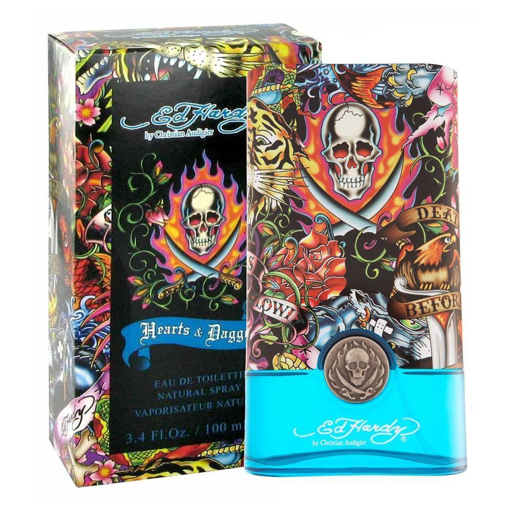 Ed Hardy Hearts & Daggers Cologne by Christian Audigier, Released in November 2009 alongside its feminine counterpart, Ed Hardy Hearts & Daggers is a sharp and lively modern cologne by fashion designer Christian Audigier, featuring a design by tattoo artist Don Ed Hardy. Fresh and spicy with woody undertones, it makes a strong fit for an outgoing, upbeat man.  Notes:  The top notes feature a martini accord with anjou pear and basil, while the heart delivers a kick of papaya and pepper accented with rosemary