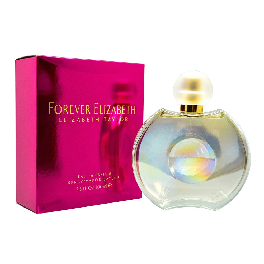 Forever Elizabeth Perfume by Elizabeth Taylor, Forever Elizabeth, launched in 2002, is a dewy and fresh daytime perfume. Sweet and intoxicating scents blend for a sensual fragrance experience.  Notes:  Apple, blackberry, and Italian mandarin open the perfume with a fruity, mouthwatering zing. Subtle green notes provide an undertone of earthy freshness. Violet, rose, and Egyptian jasmine lends a floral middle, filling the air with a heady bloom.