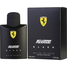 Load image into Gallery viewer, The Ferrari Scuderia Black Eau de Toilette Spray for men is a dynamic and captivating fragrance with fresh and spicy tones.  Notes: Crafted by Ferrari in 1999, the fragrance starts off with sweet and citrusy notes of Lime, Bergamot, Red Apple, and Plum at the top. The delightful floral aroma of Jasmine and Rose blend with the heady whiff of Cinnamon and Cardamom at the heart for a 