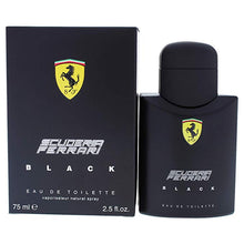 Load image into Gallery viewer, The Ferrari Scuderia Black Eau de Toilette Spray for men is a dynamic and captivating fragrance with fresh and spicy tones.  Notes: Crafted by Ferrari in 1999, the fragrance starts off with sweet and citrusy notes of Lime, Bergamot, Red Apple, and Plum at the top. The delightful floral aroma of Jasmine and Rose blend with the heady whiff of Cinnamon and Cardamom at the heart for a 