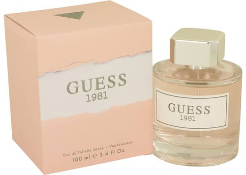 Guess 1981 Perfume by Guess, Guess 1981 was highly anticipated when it launched in February 2017. This chic, contemporary fragrance is a medley of florals, fruit, and wood.  Notes:  Top notes of soft, powdery Indian ambrette seed and sweet violet petals soften to reveal a heart of juicy pear, exotic jasmine, and sandalwood.  A blend of rich cedarwood, earthy amber resin, and animalic musk are featured in the drydown.