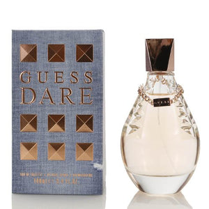 Guess Dare Perfume by Guess, Launched in 2014, Guess Dare for women is alluring and provocative.  The bottle design, pale pink cut glass with gold trim and engraved nameplate necklace, demonstrates the distinctive style of the fragrance inside.  Notes:  Delightful opening notes of tart kumquat, juicy pear,