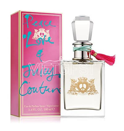 Peace Love & Juicy Couture Perfume by Juicy Couture, Peace Love & Juicy Couture is a fruity, floral, feminine perfume that was introduced in 2010. The top notes are tantalizing and consist of Meyer lemon, apple, hyacinth, and blackcurrant.  Notes: The heart notes to balance out the fruits with star magnolia, samba jasmine, linden blossom, honeysuckle, and poppy. The base notes complete the scent and are musk, iris, and patchouli. 