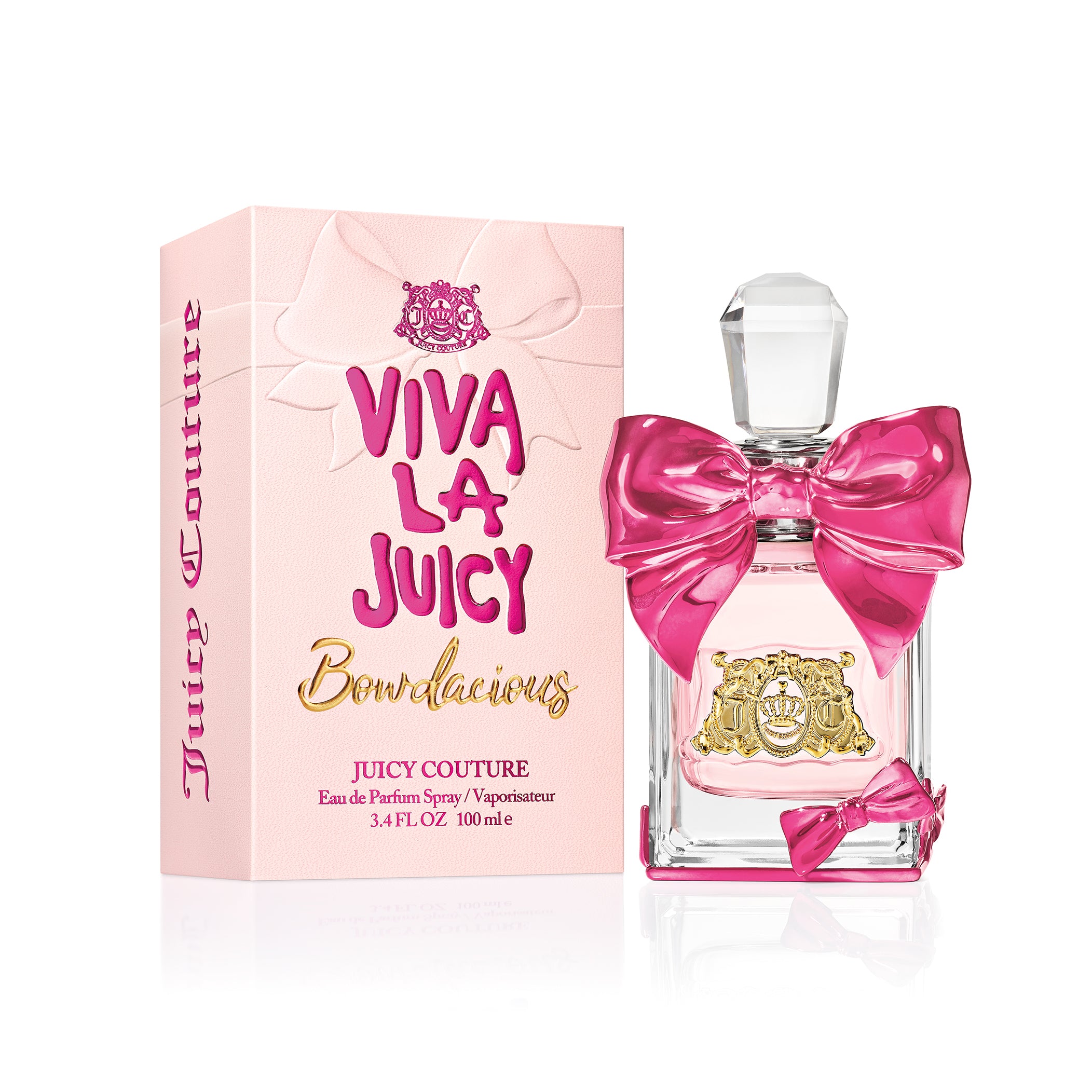 Viva La Juicy Bowdacious Perfume by Juicy Couture, Released in 2019, Viva La Juicy Bowdacious is a glamorous addition to Juicy's signature fragrance line.  Notes: This delicious scent features top notes of sweet honeydew melon and Williams pear punctuated with zesty Italian mandarin. Delicate white floral heart notes delight the senses with the exotic allure of jasmine sambac and the vibrancy of Tiaré flower and white ginger lily.