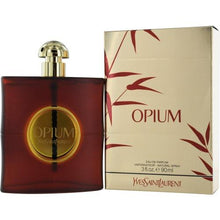 Load image into Gallery viewer, Opium Perfume by Yves Saint Laurent, Classy and sophisticated, Opium is one of the most famous Oriental perfumes in history. Sensual and aromatic, this fragrance has a vibrant, complex scent profile.  Notes: Top notes include a mix of spices and fruit dominated by clove, bergamot, coriander and plum. A sensual heart accord includes sandalwood, patchouli, peach and rose. These accords are rounded out by a long-lasting base 
