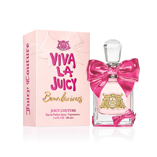Viva La Juicy Bowdacious Perfume by Juicy Couture, Released in 2019, Viva La Juicy Bowdacious is a glamorous addition to Juicy's signature fragrance line.  Notes: This delicious scent features top notes of sweet honeydew melon and Williams pear punctuated with zesty Italian mandarin. Delicate white floral heart notes delight the senses with the exotic allure of jasmine sambac and the vibrancy of Tiaré flower and white ginger lily.