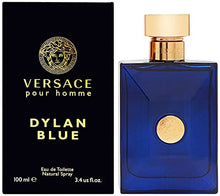 Load image into Gallery viewer, Versace Pour Homme Dylan Blue by Versace is a Aromatic Fougere fragrance for men. Versace Pour Homme Dylan Blue was launched in 2016.  The nose behind this fragrance is Alberto Morillas. Top notes are Calabrian bergamot, Grapefruit, Water Notes and Fig Leaf; middle notes are Ambroxan, Patchouli, Black Pepper, Violet Leaf and Papyrus; base notes are Incense, Musk, Tonka Bean and Saffron.