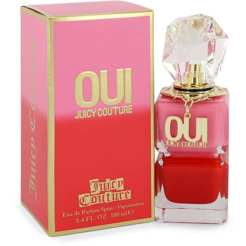 Juicy Couture Oui Perfume by Juicy Couture, Juicy Couture Oui was released in 2018.  Notes: Every spritz of this women's fragrance reveals fruity and fresh top notes of pear, tea, watermelon, and acai berry. Flowery middle notes of honeysuckle, jasmine, and tuberose follow. Base notes of amber and musk bring the spirited fragrance together. The fun bottle for this sweet, floral scent looks very much like one glam bottle of nail polish stacked atop another.