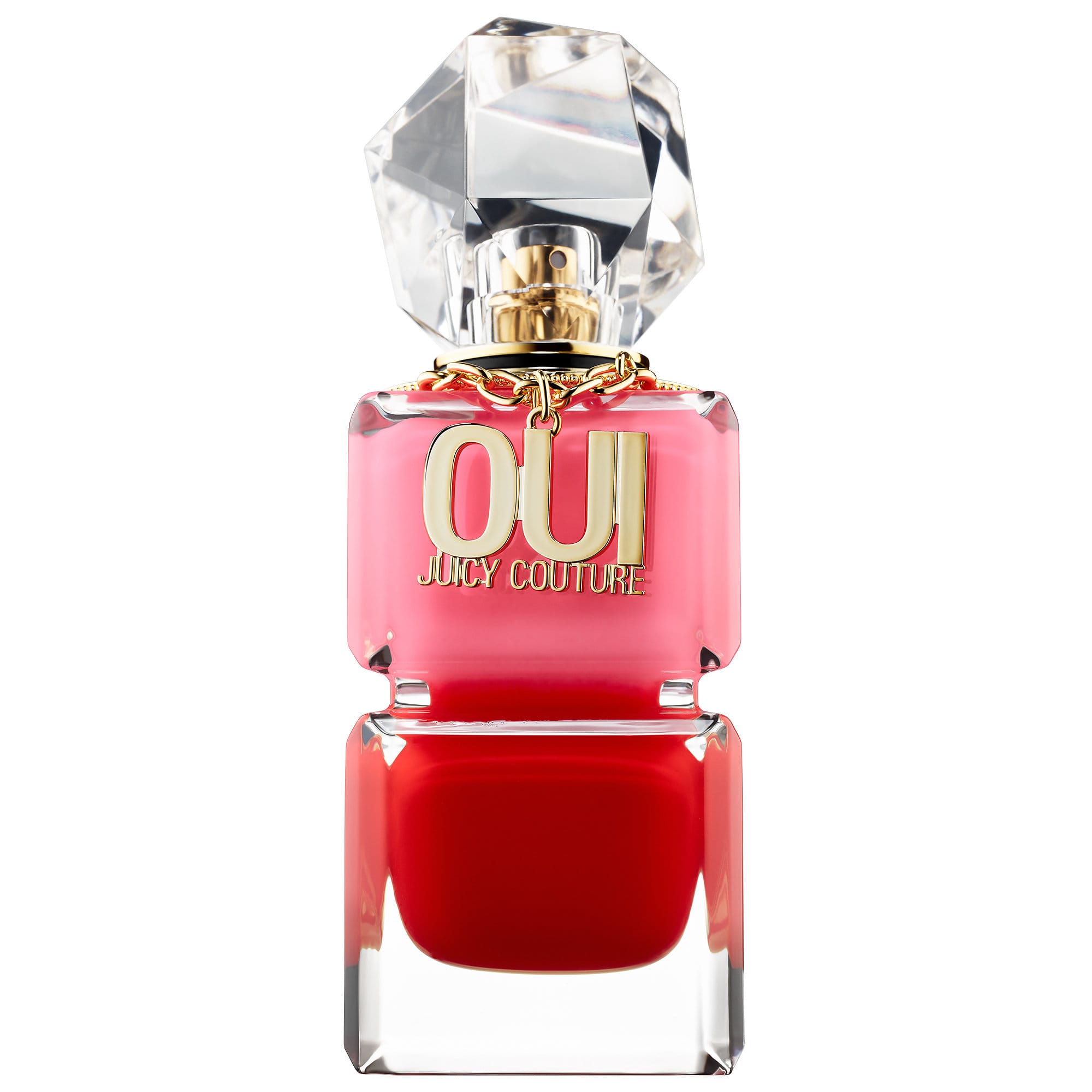 Juicy Couture Oui Perfume by Juicy Couture, Juicy Couture Oui was released in 2018.  Notes: Every spritz of this women's fragrance reveals fruity and fresh top notes of pear, tea, watermelon, and acai berry. Flowery middle notes of honeysuckle, jasmine, and tuberose follow. Base notes of amber and musk bring the spirited fragrance together. The fun bottle for this sweet, floral scent looks very much like one glam bottle of nail polish stacked atop another.