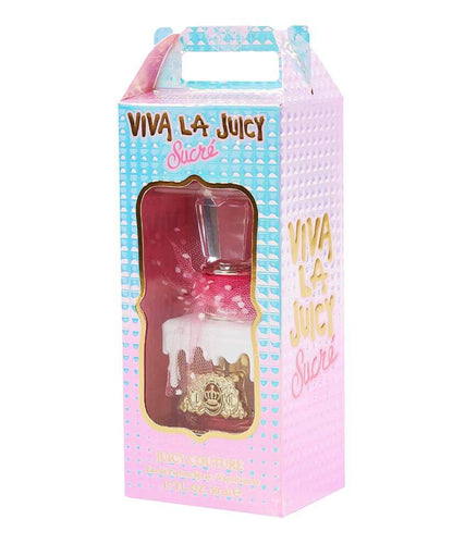Viva La Juicy Sucre Perfume by Juicy Couture, Meaning “sugar” in English, Viva La Juicy Sucre is just that. Released in 2016, this delicate fragrance will bring out your softer side.  Notes: Top notes are red currants, mandarin orange, and beautiful gardenia. Middle notes layer notes of delicate almond cream, peach, jasmine, and orange blossom. Completing this floral and citrus blend, the base notes are vanilla, sandalwood, cacao, and whipped cream for a fun finish. 
