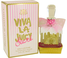 Load image into Gallery viewer, Viva La Juicy Sucre Perfume by Juicy Couture, Meaning “sugar” in English, Viva La Juicy Sucre is just that. Released in 2016, this delicate fragrance will bring out your softer side.  Notes: Top notes are red currants, mandarin orange, and beautiful gardenia. Middle notes layer notes of delicate almond cream, peach, jasmine, and orange blossom. Completing this floral and citrus blend, the base notes are vanilla, sandalwood, cacao, and whipped cream for a fun finish. 