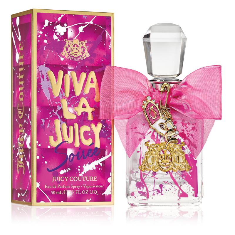 Viva La Juicy Soiree Perfume by Juicy Couture, A dreamy, otherworldly quality awaits you with Juicy Couture’s new scent, Viva La Juicy Soiree.  Notes: The top notes of kiwi, cassis, and mandarin orange combine a unique blend of tropical sweetness with subtle citrus. Femininity is at the heart of this fragrance, as Indian samba, jasmine, and water lily touch on the ethereal. The playful intrigue reminiscent of a masquerade ball is grounded with the base notes of softwood, amber, and musk. 