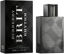 Load image into Gallery viewer, Brit Rhythm For Men was launched by Burberry in 2013. This fragrance features a leathery scent.  Notes: Basil, verbena, cardamom, juniper berries, leather, patchouli, styrax, cedar, incense, and tonka bean. A vibrant woody aromatic fragrance, for a boost of energy. Adrenalised leather notes, sharp yet sensual basil verbena and cedarwood.  Style: This fresh and youthful scent.